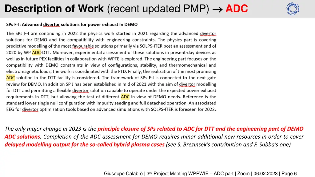 description of work recent updated pmp