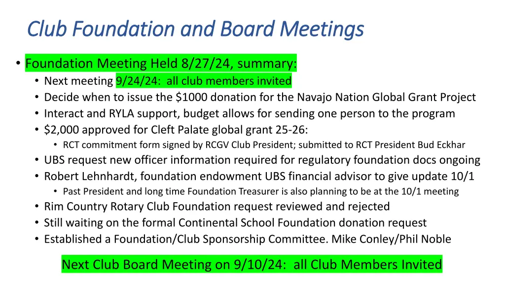 club foundation and board meetings club