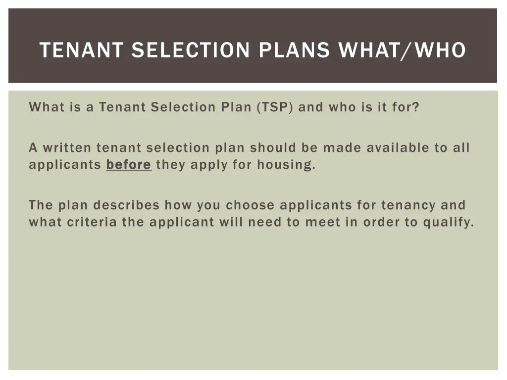 tenant selection plans what who