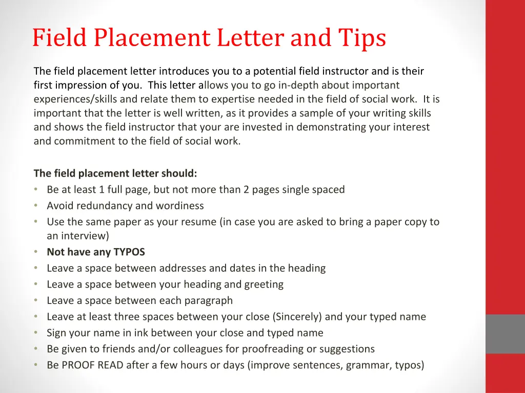 field placement letter and tips