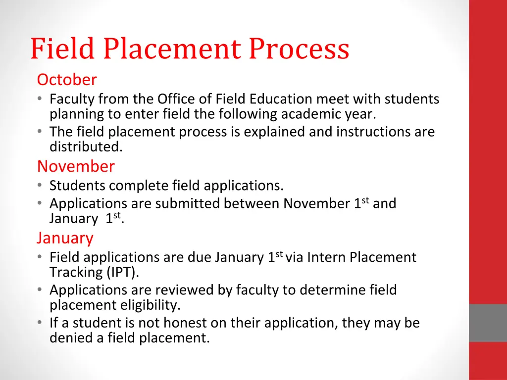 field placement process october faculty from