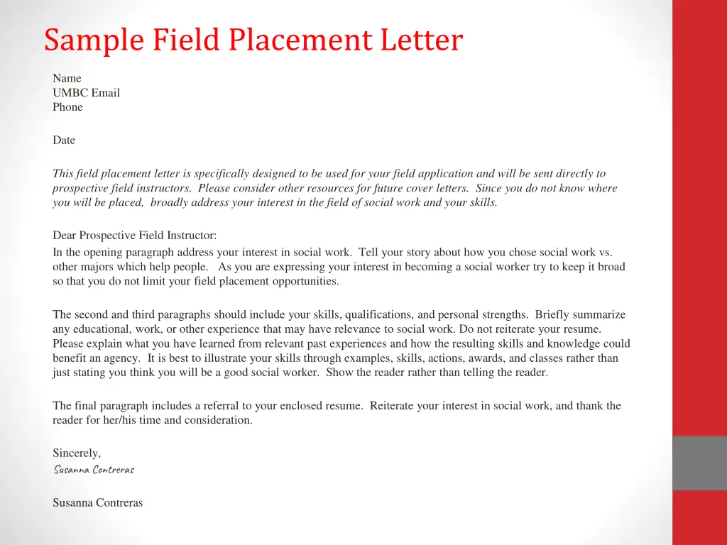 sample field placement letter