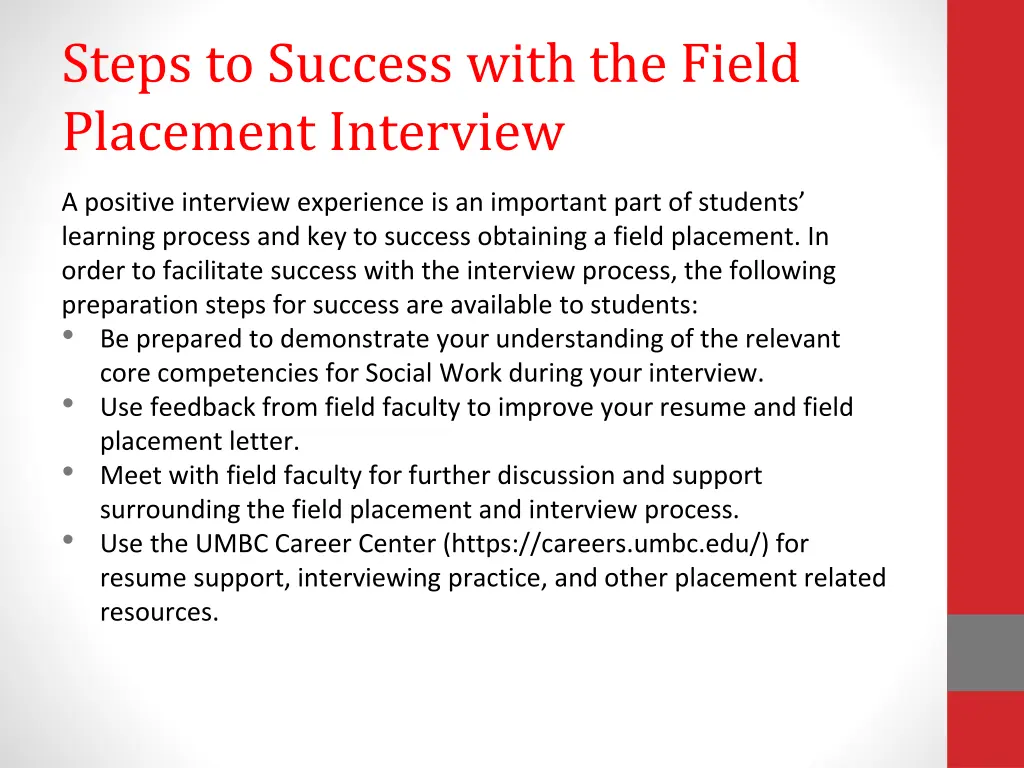 steps to success with the field placement