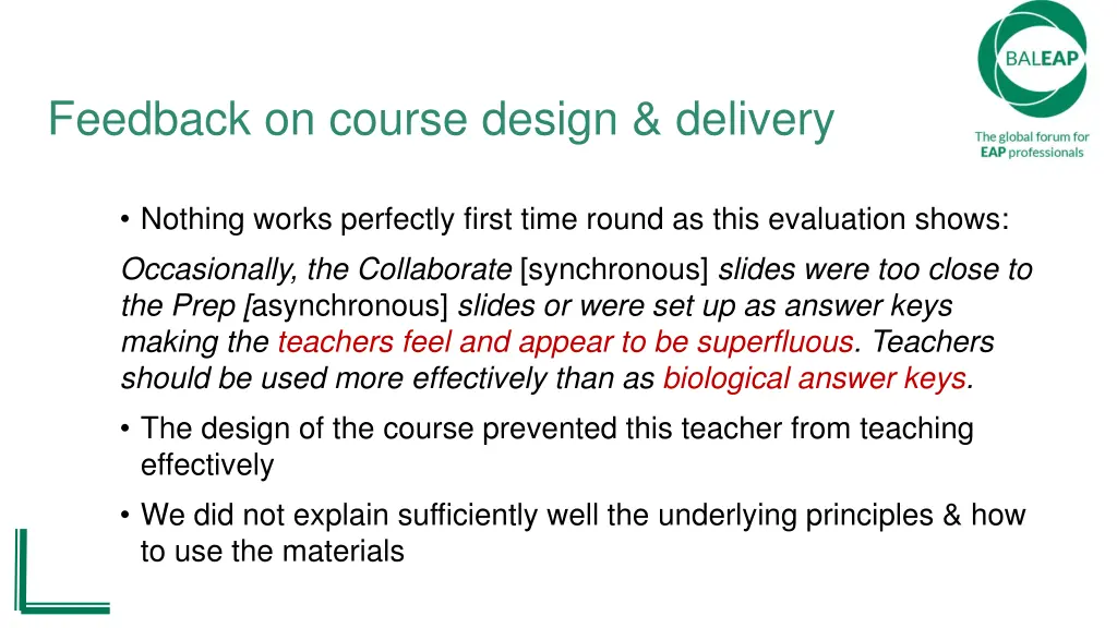 feedback on course design delivery