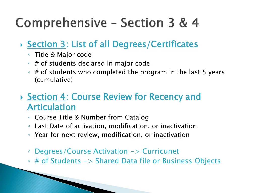 section 3 title major code of students declared