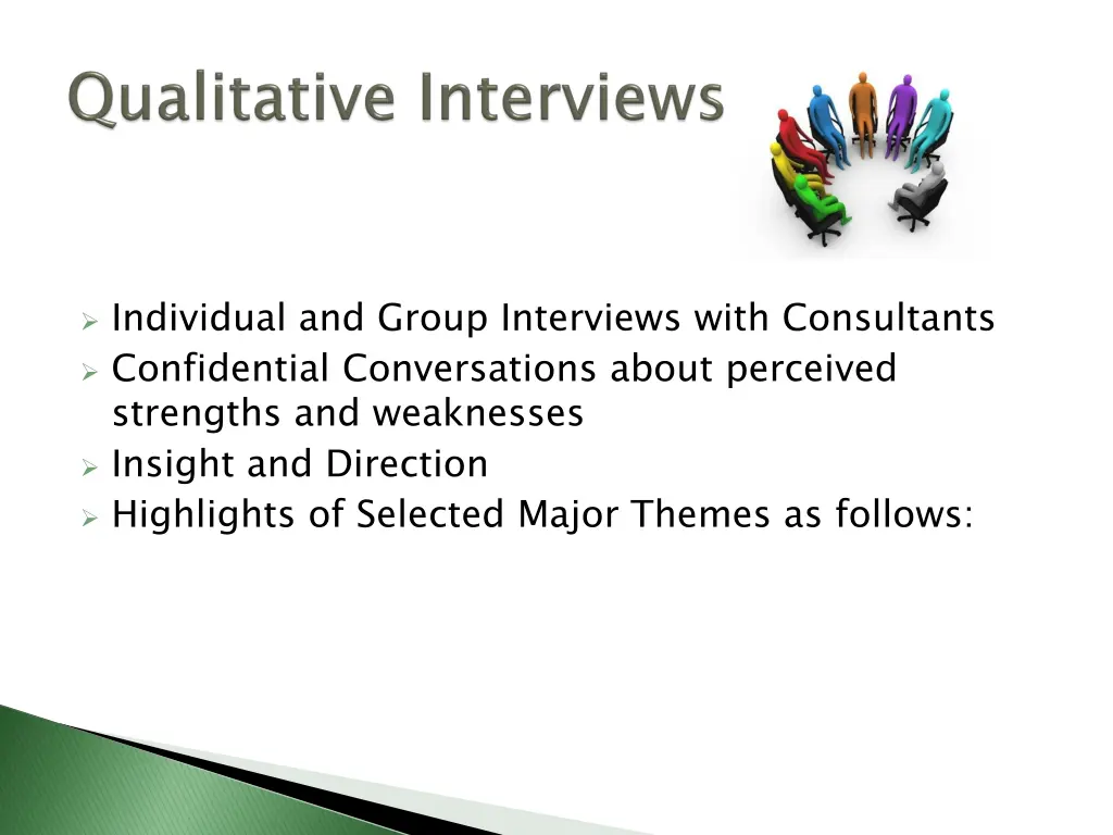 individual and group interviews with consultants