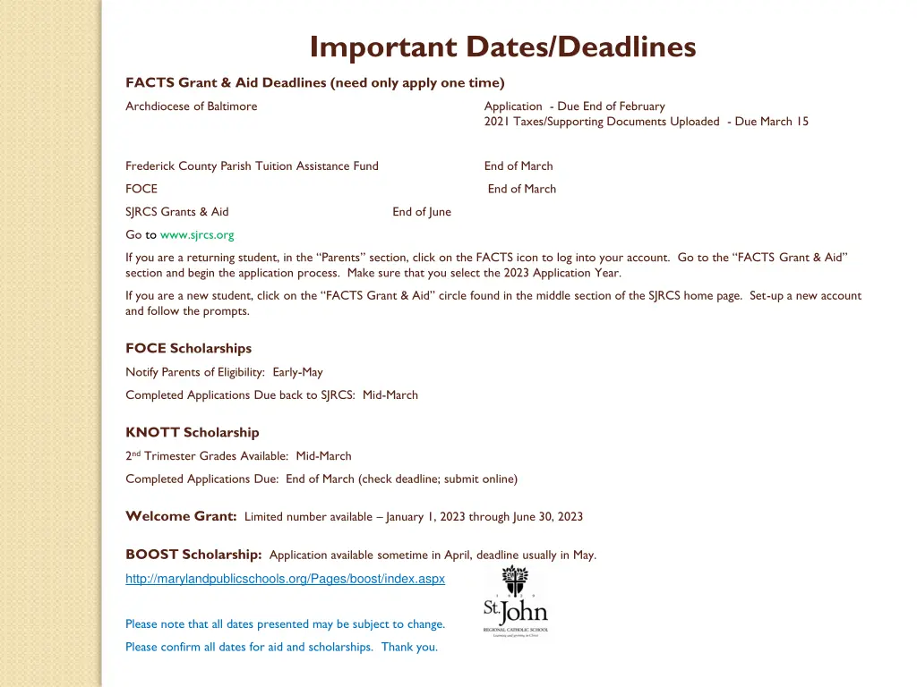 important dates deadlines facts grant