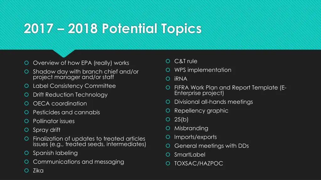 2017 2018 potential topics