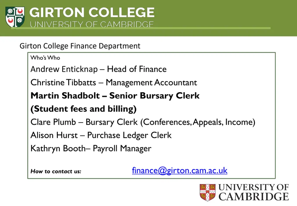 girton college finance department