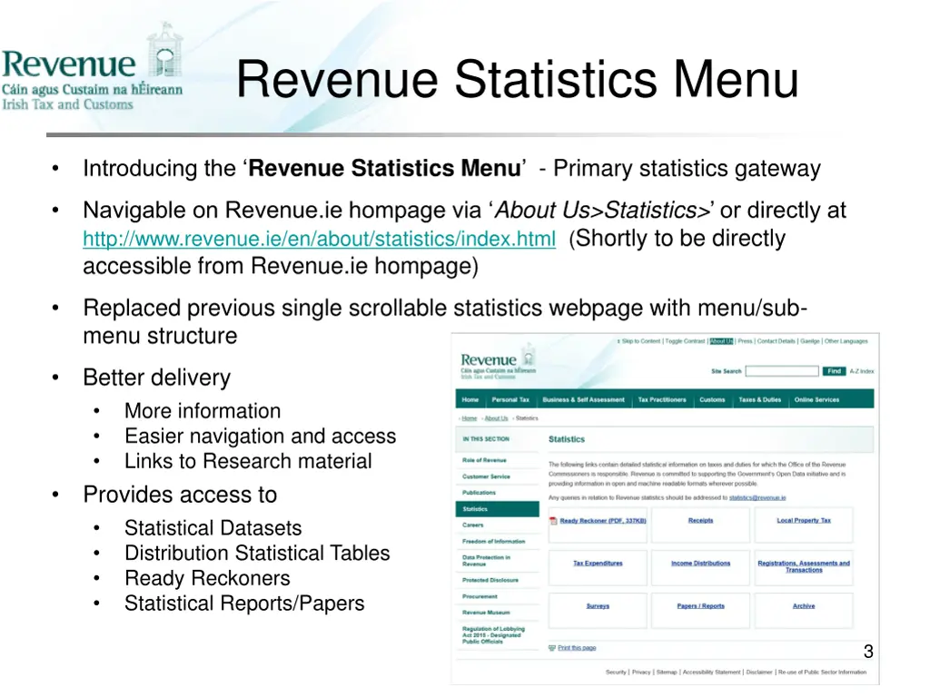 revenue statistics menu