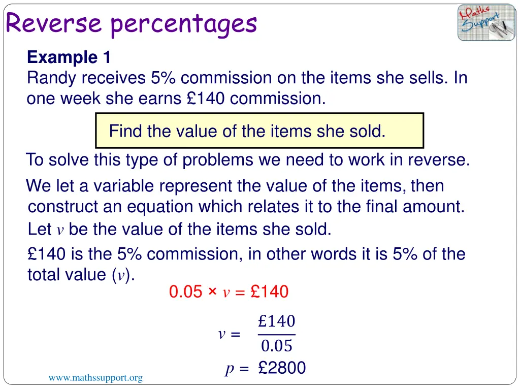 reverse percentages example 1 randy receives