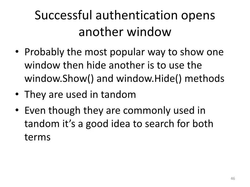 successful authentication opens another window