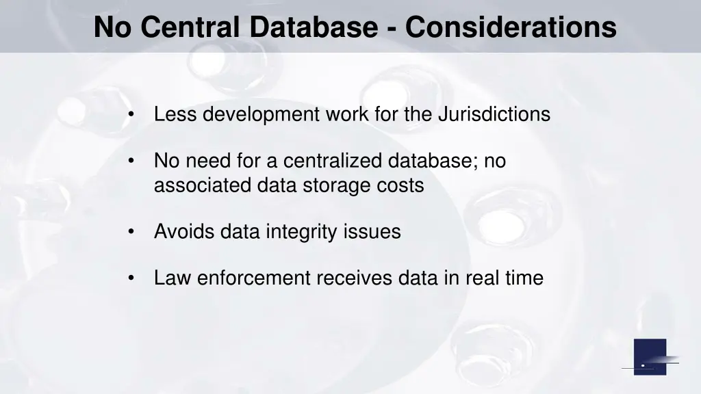 no central database considerations