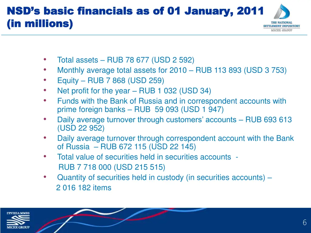 nsd s basic financials as of 01 january 2011