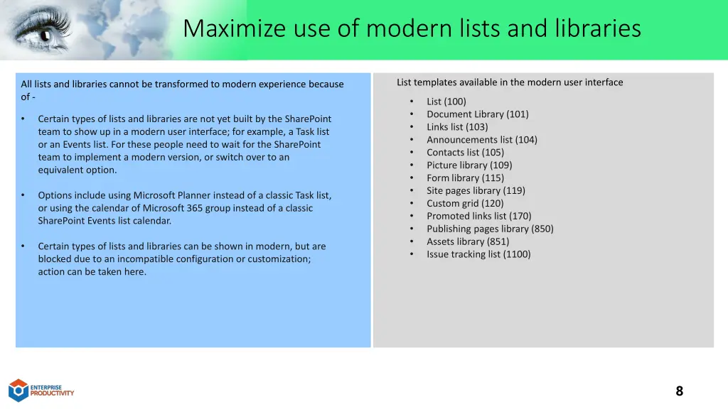 maximize use of modern lists and libraries