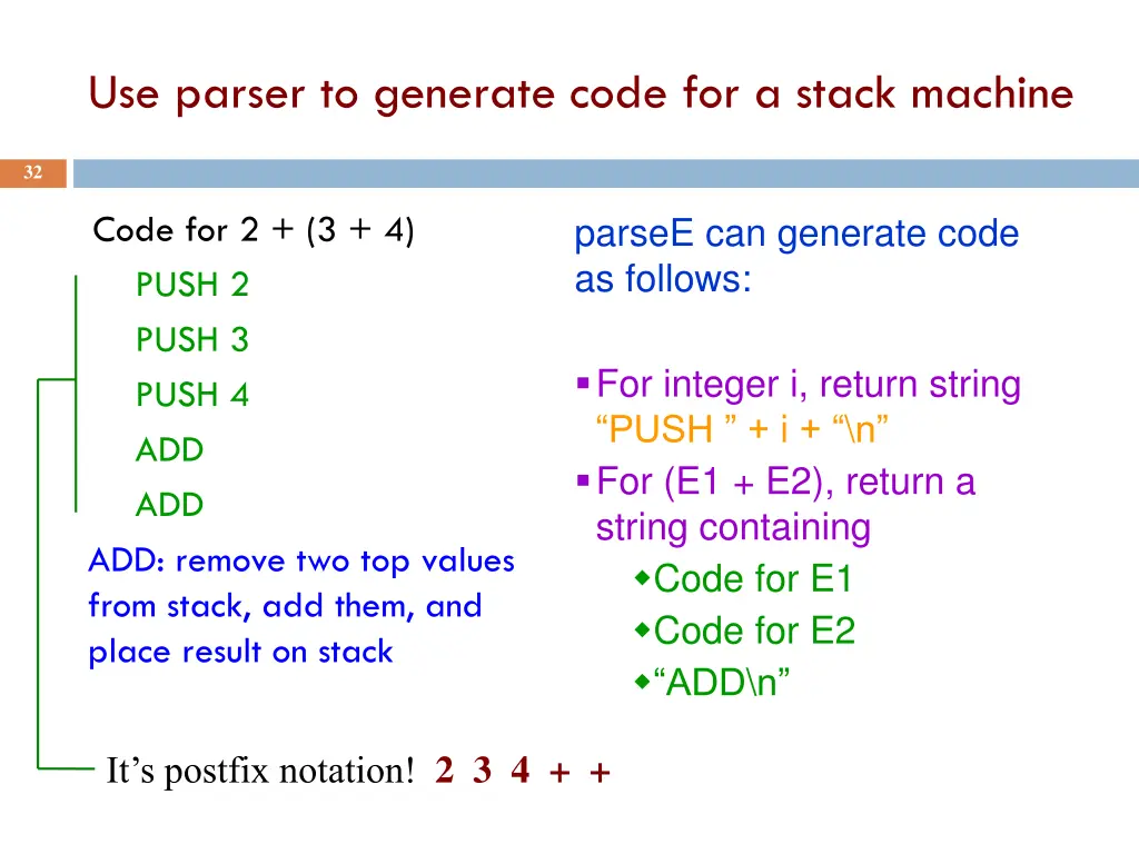 use parser to generate code for a stack machine