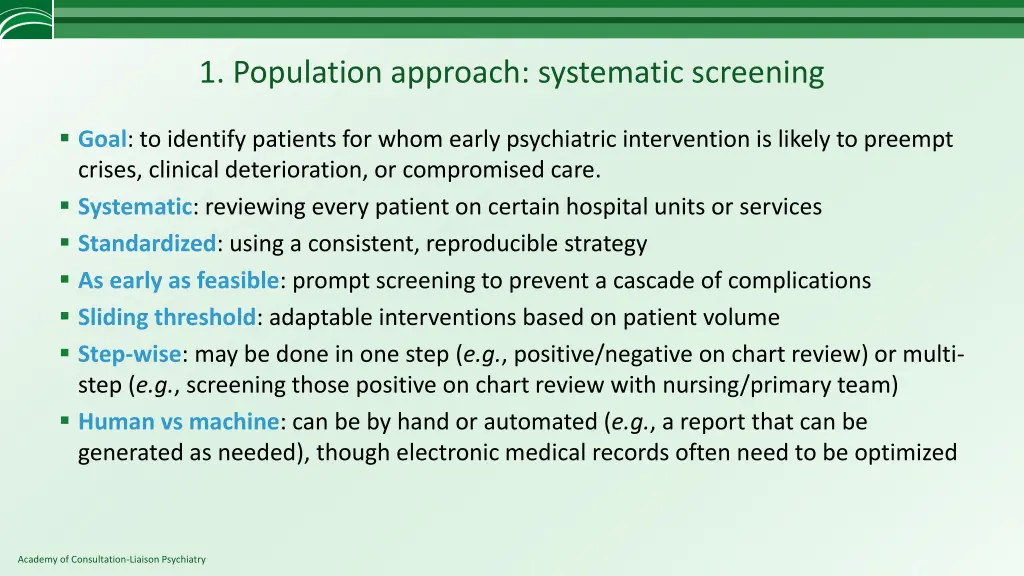 1 population approach systematic screening