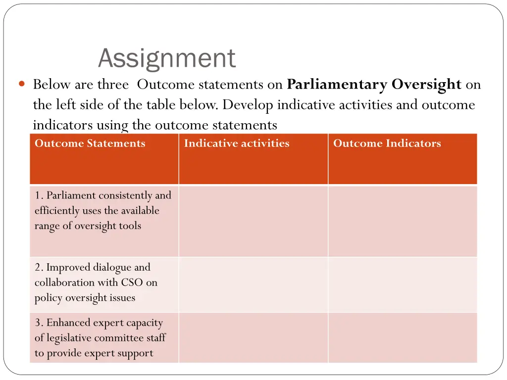 assignment below are three outcome statements