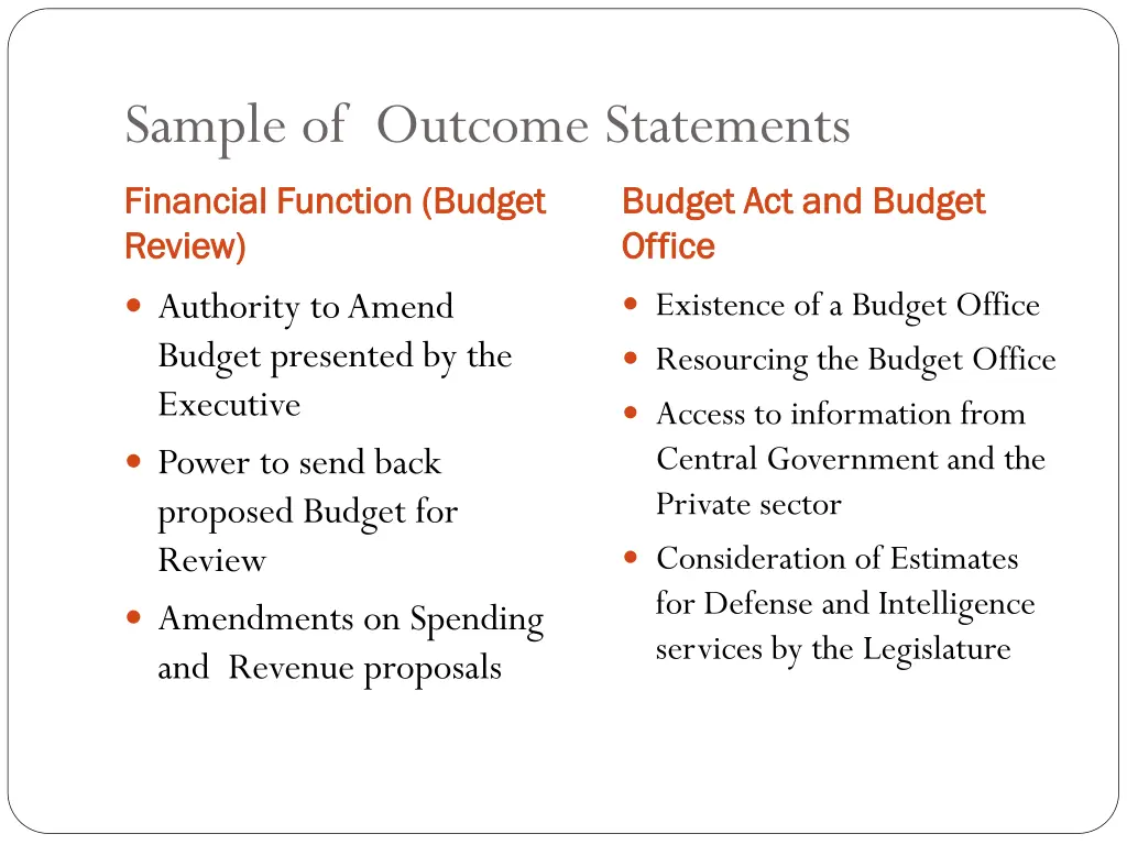 sample of outcome statements financial function