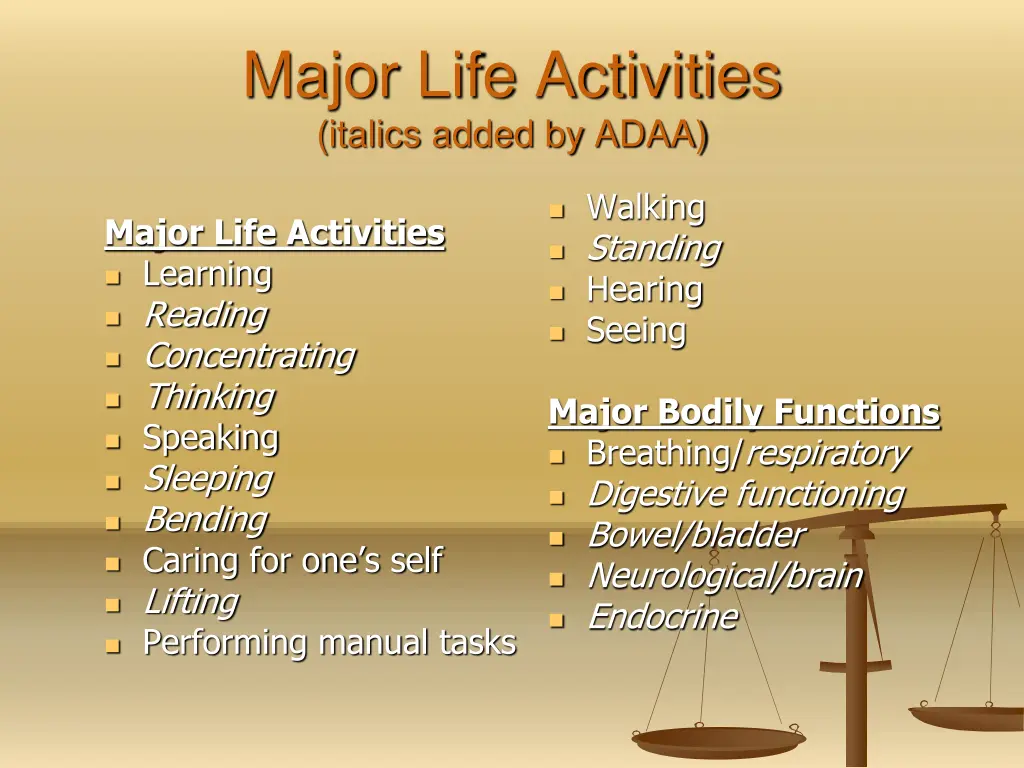 major life activities italics added by adaa