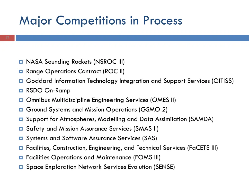 major competitions in process
