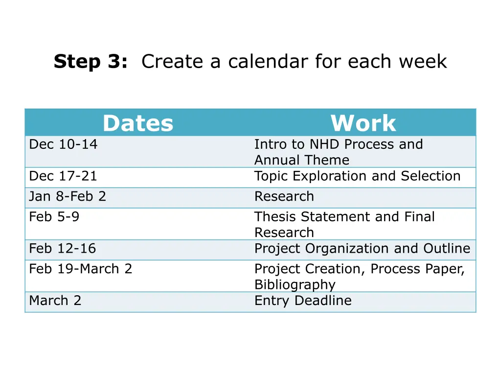 step 3 create a calendar for each week