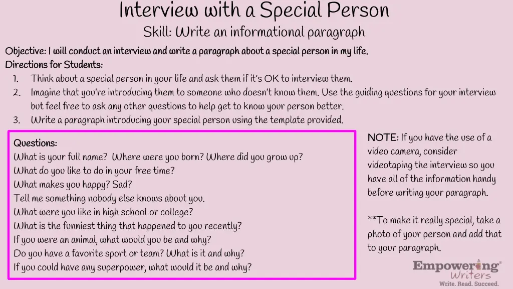interview with a special person skill write