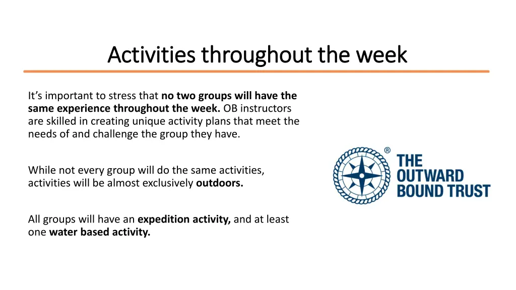 activities throughout the week activities