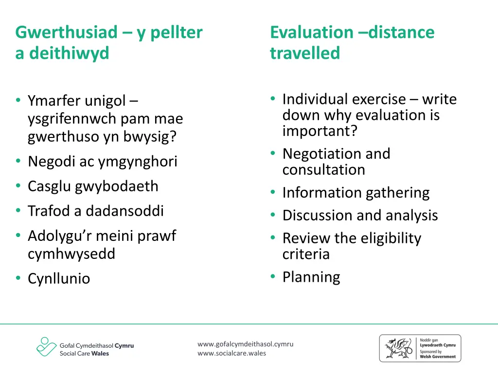 gwerthusiad y pellter a deithiwyd