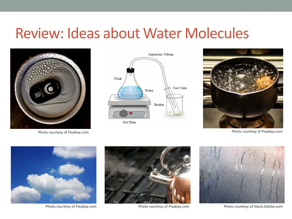 review ideas about water molecules