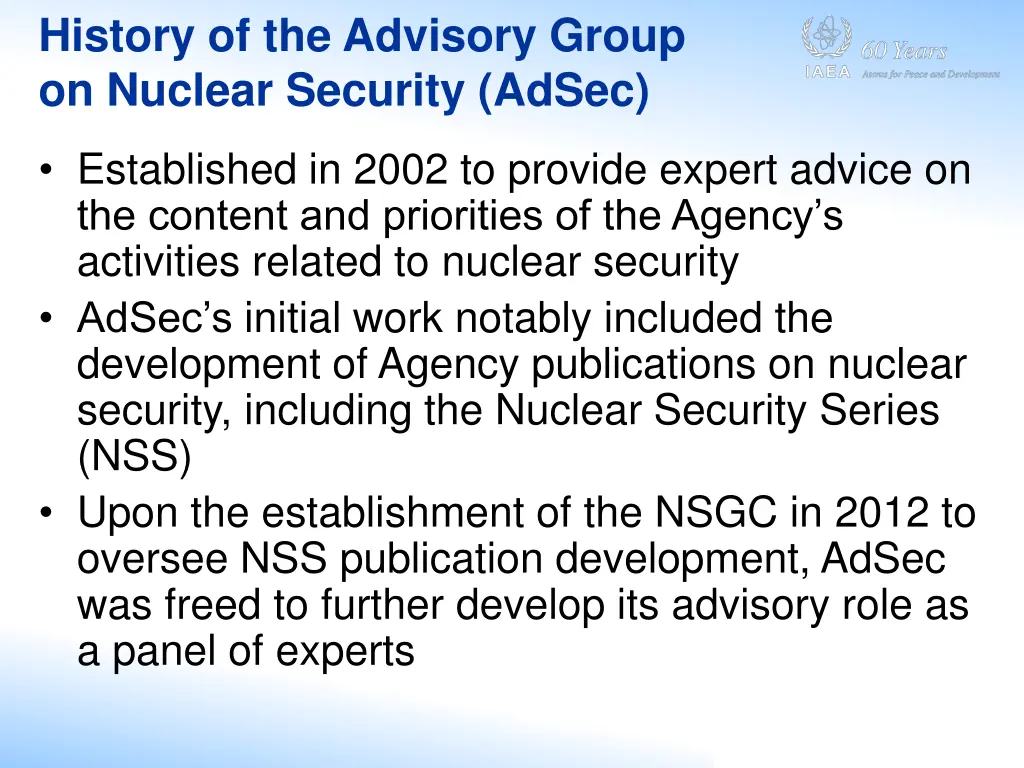 history of the advisory group on nuclear security