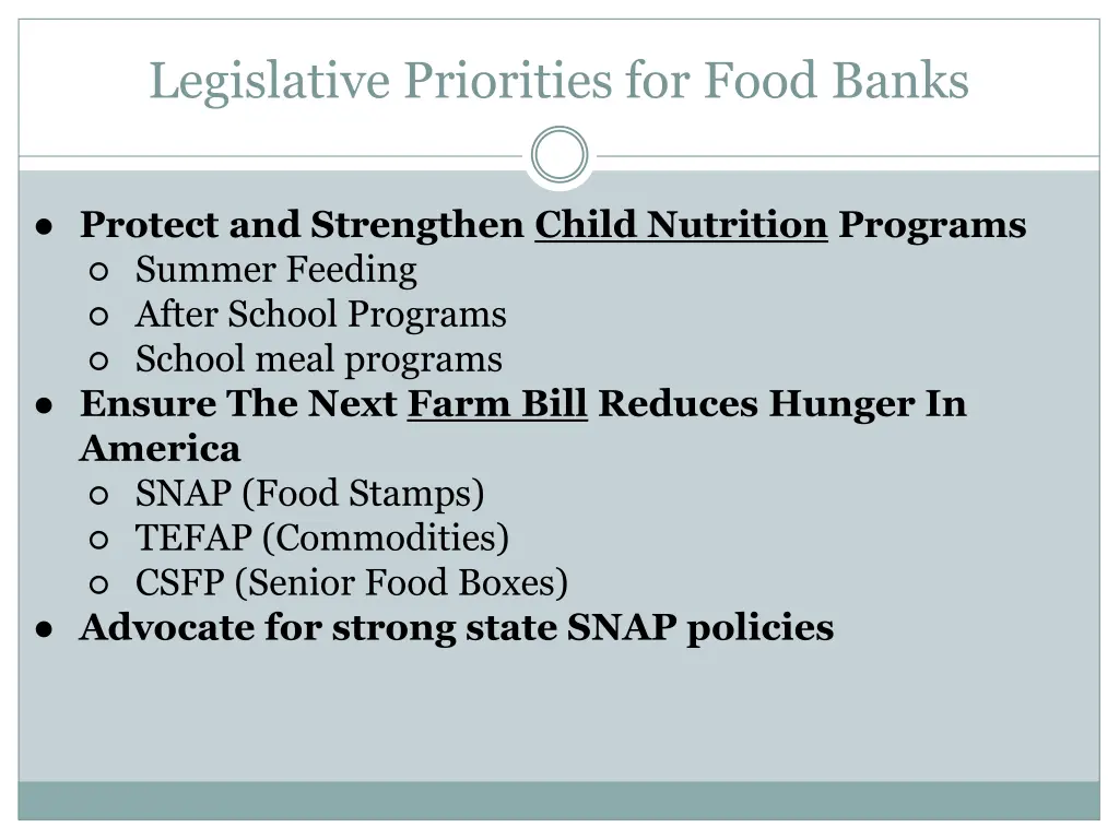 legislative priorities for food banks