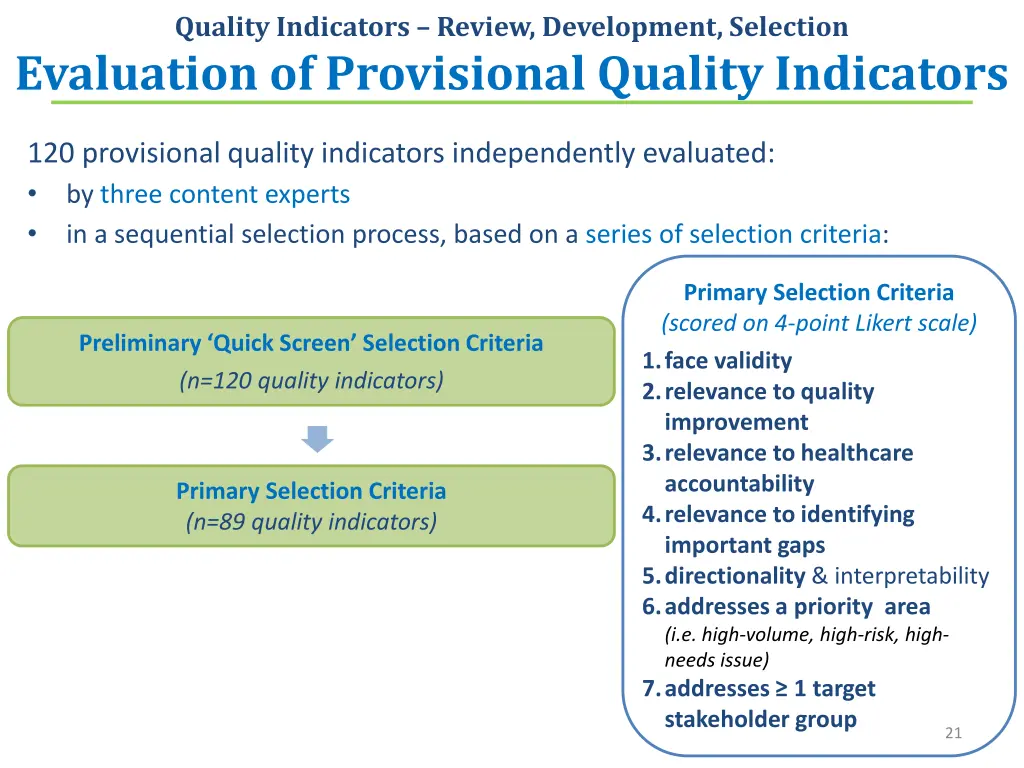 quality indicators review development selection 4