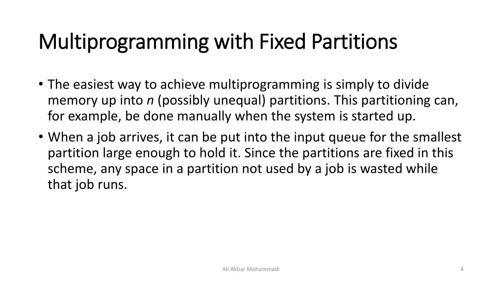 multiprogramming with fixed partitions