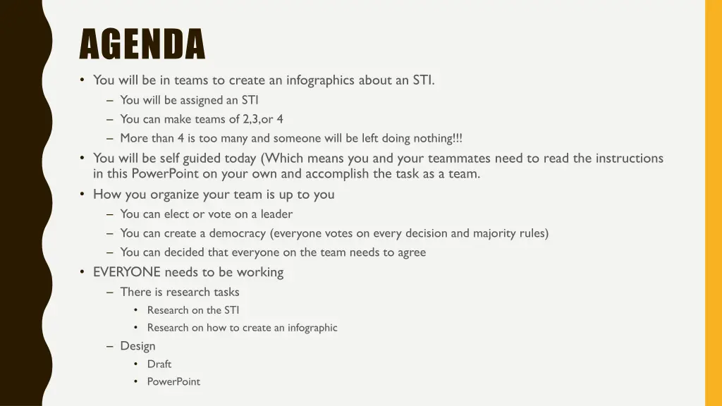 agenda you will be in teams to create