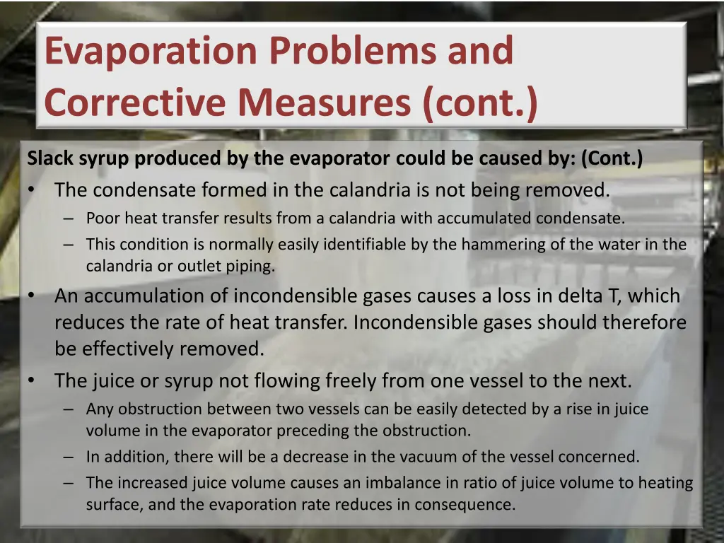 evaporation problems and corrective measures cont
