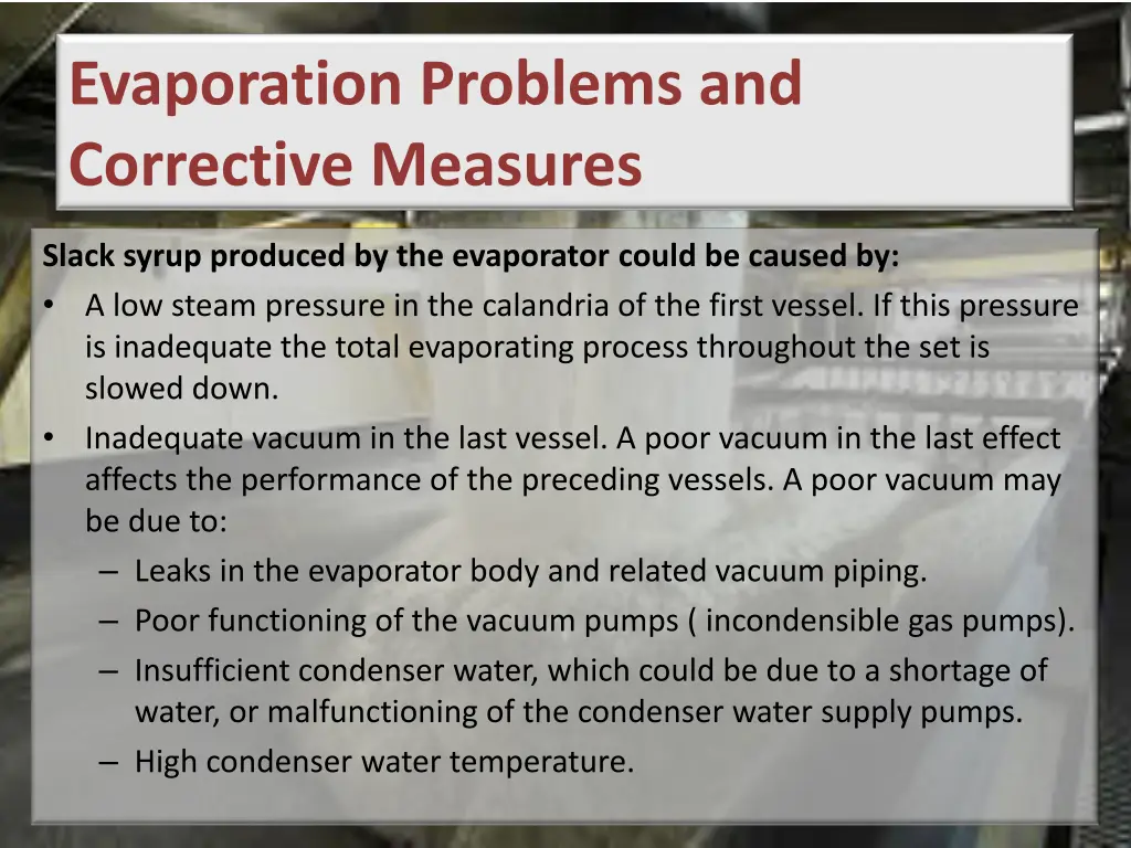 evaporation problems and corrective measures