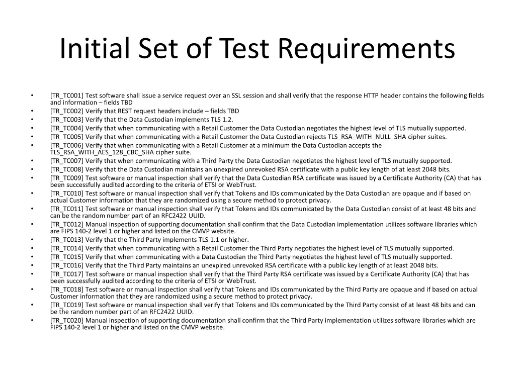 initial set of test requirements
