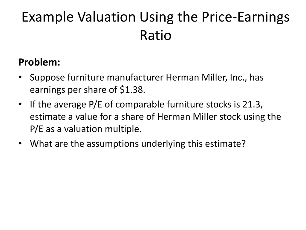 example valuation using the price earnings ratio