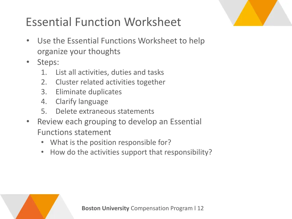essential function worksheet