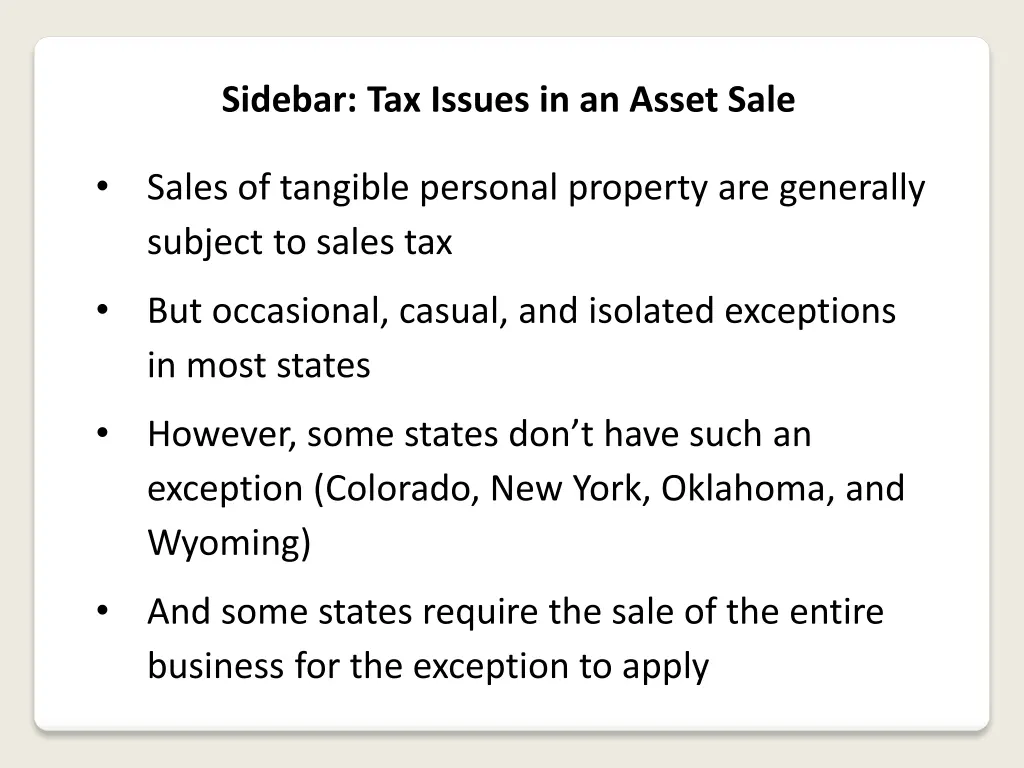 sidebar tax issues in an asset sale