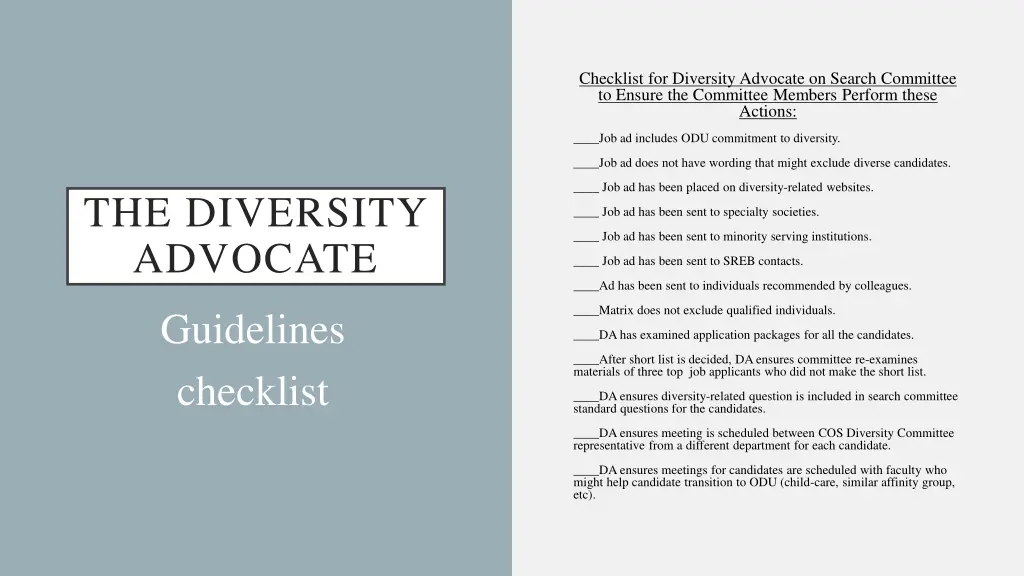 checklist for diversity advocate on search
