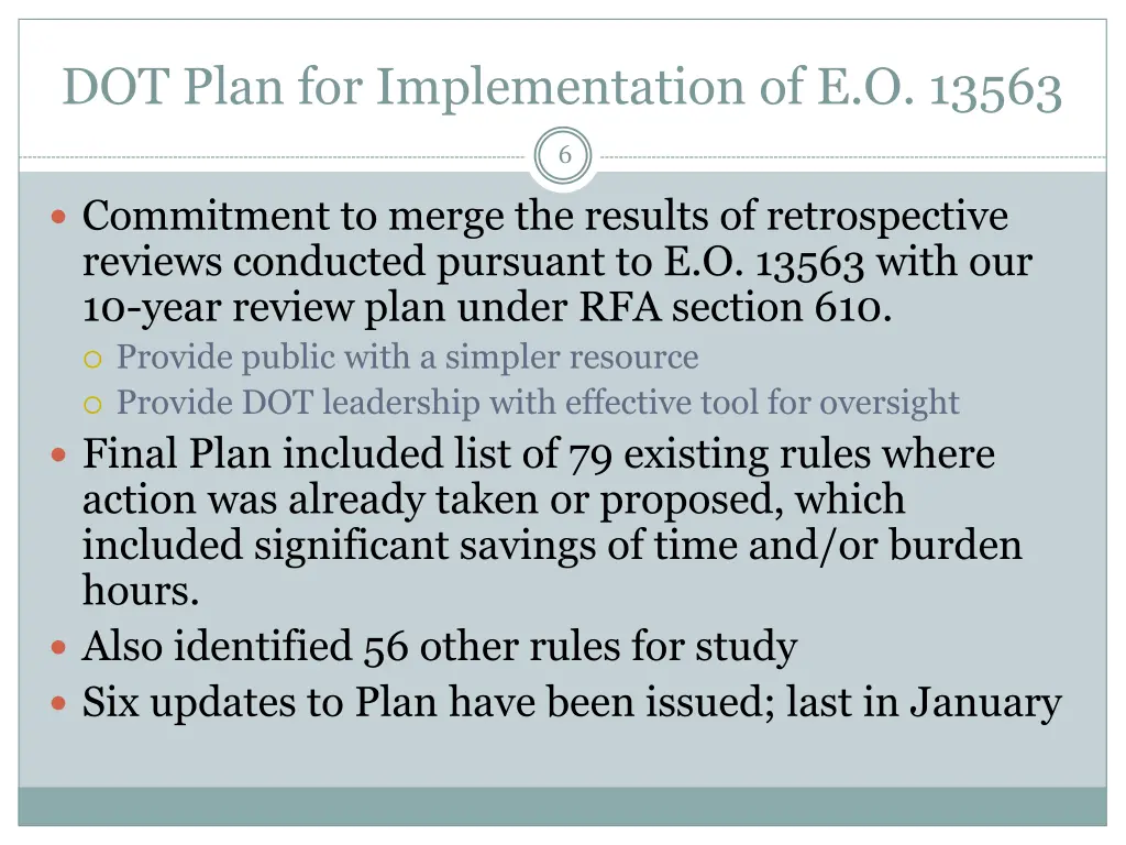 dot plan for implementation of e o 13563