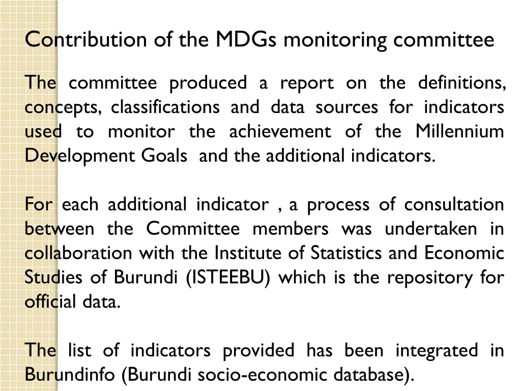 contribution of the mdgs monitoring committee