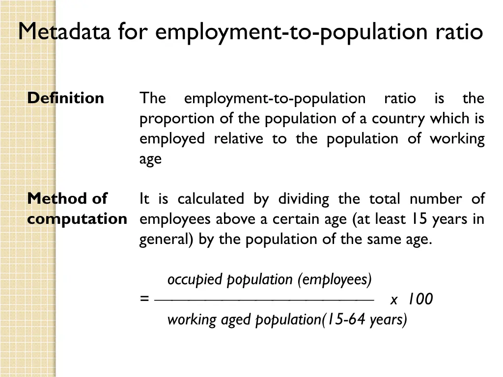 metadata for employment to population ratio