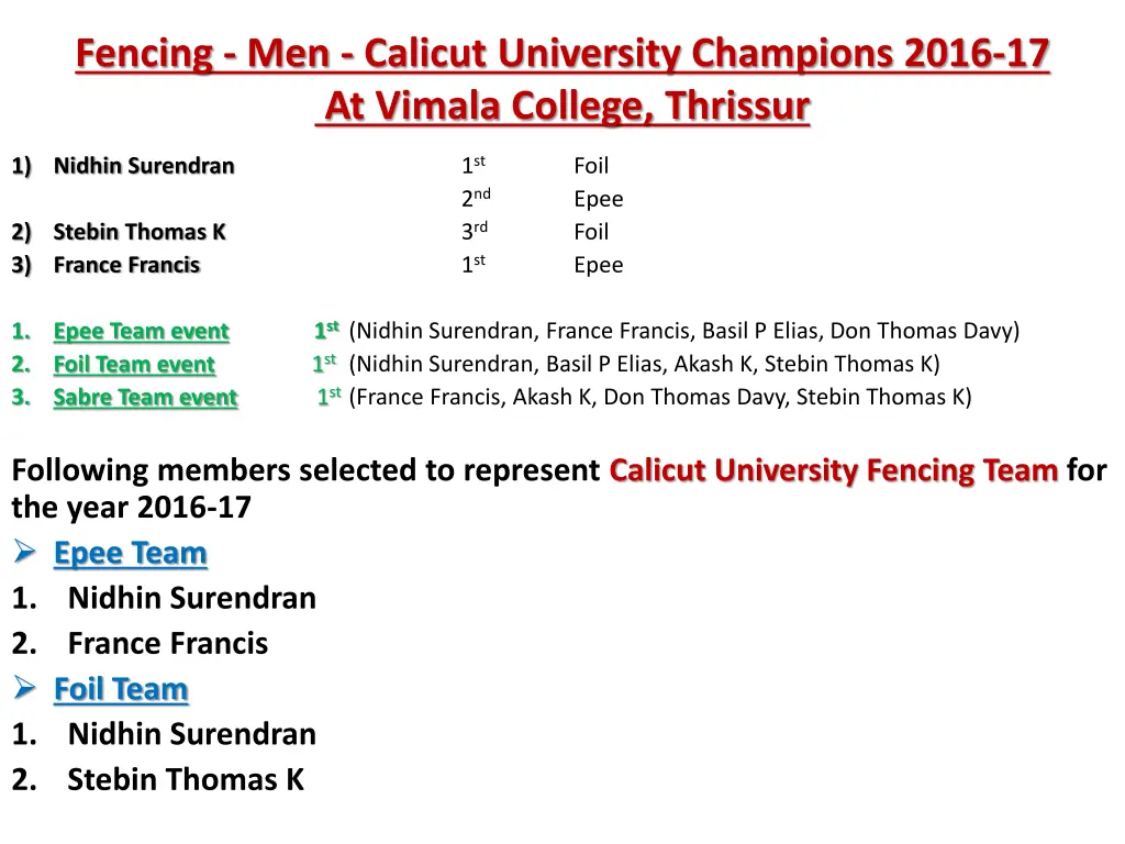 fencing men calicut university champions 2016