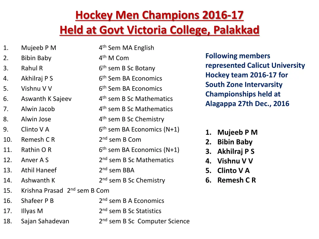 hockey men champions 2016 17 held at govt