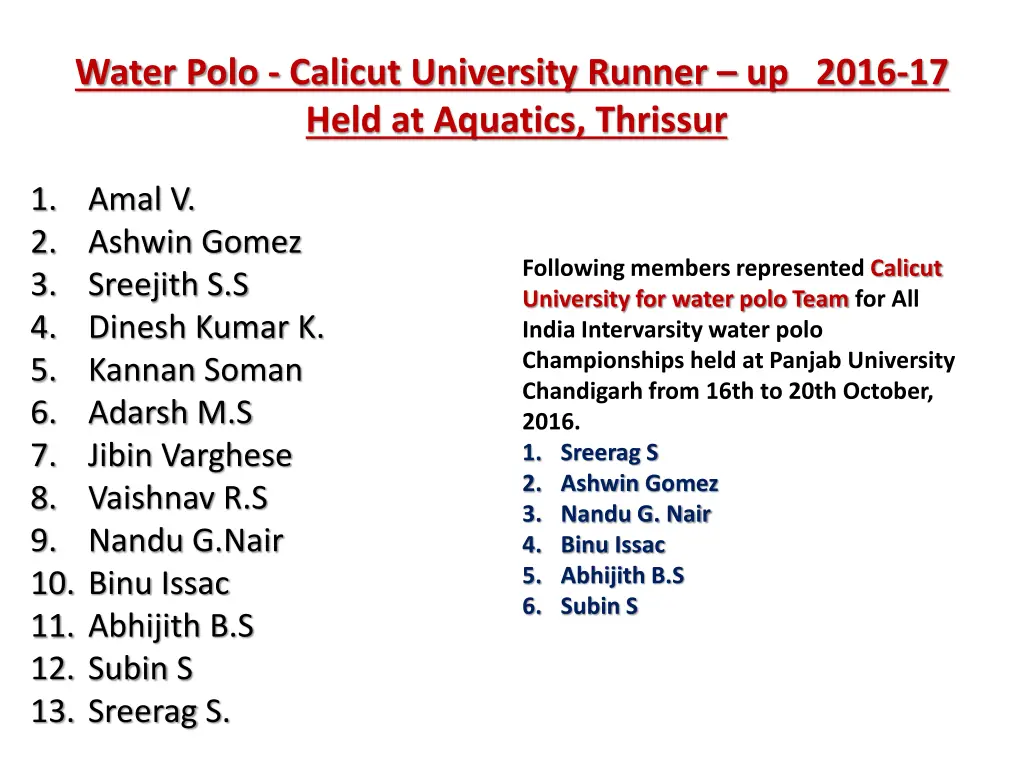 water polo calicut university runner up 2016