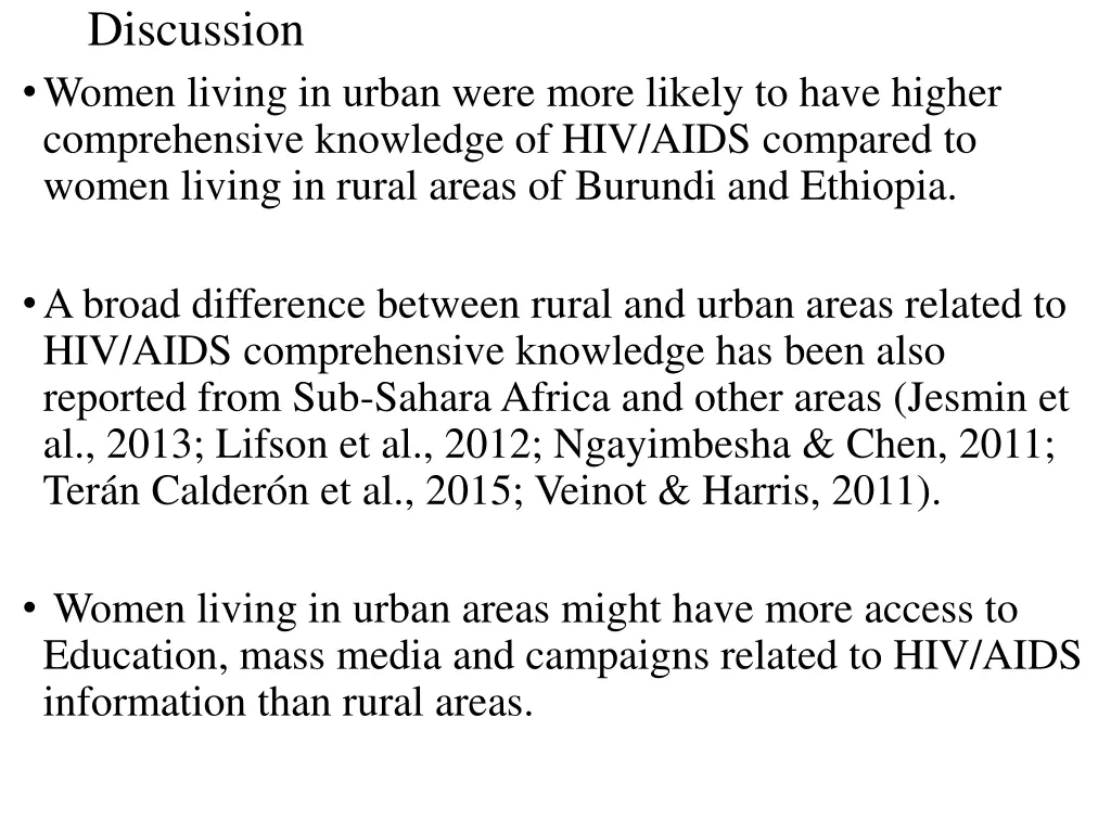 discussion women living in urban were more likely
