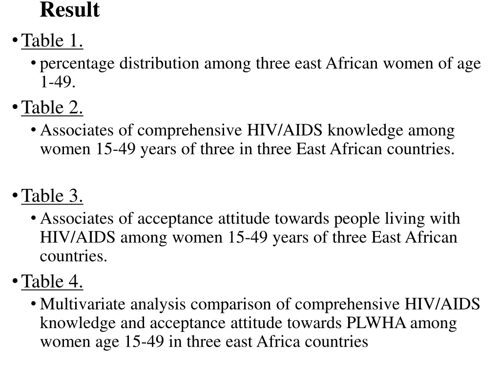 result table 1 percentage distribution among